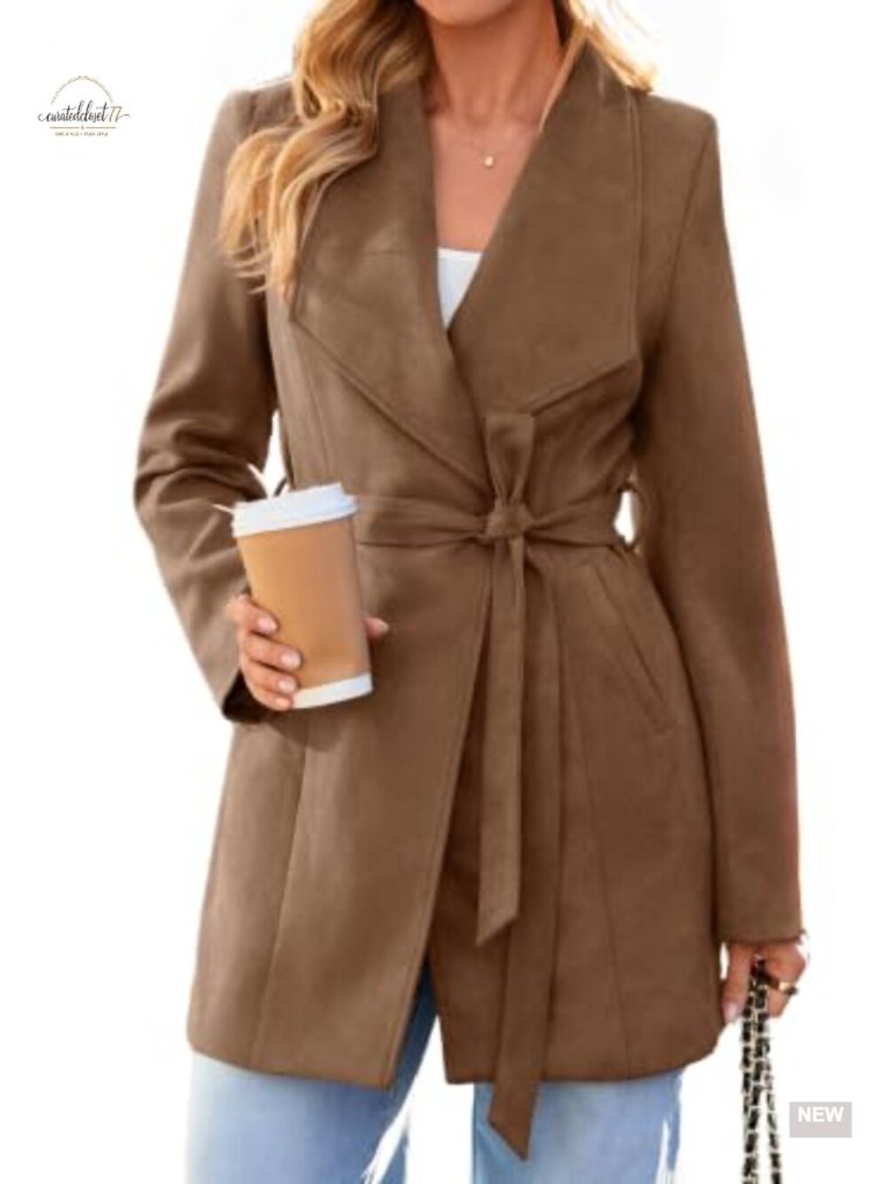 Faux Suede Trench Coat Tie Waist Open Front Lapel Women Jacket